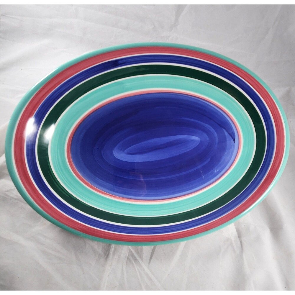 Pier One 1 Imports Hand Painted Oval Platter Multicolor Tray 16 x 11 x 2 Italy